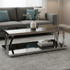 Black Tempered Glass Two-Tier Design Coffee Table with Silver Stainless Steel Frame | Ackley