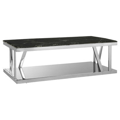 Black Marble Top and 1 Lower Shelf Coffee Table with Silver Stainless Steel Frame | Ackley