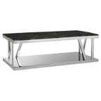 Black Marble Top and 1 Lower Shelf Coffee Table with Silver Stainless Steel Frame | Ackley