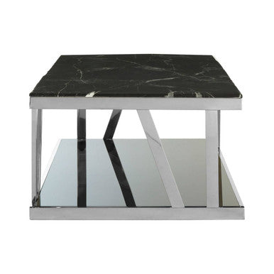 Black Marble Top and 1 Lower Shelf Coffee Table with Silver Stainless Steel Frame | Ackley