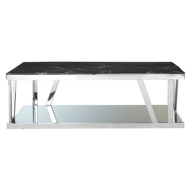 Black Marble Top and 1 Lower Shelf Coffee Table with Silver Stainless Steel Frame | Ackley