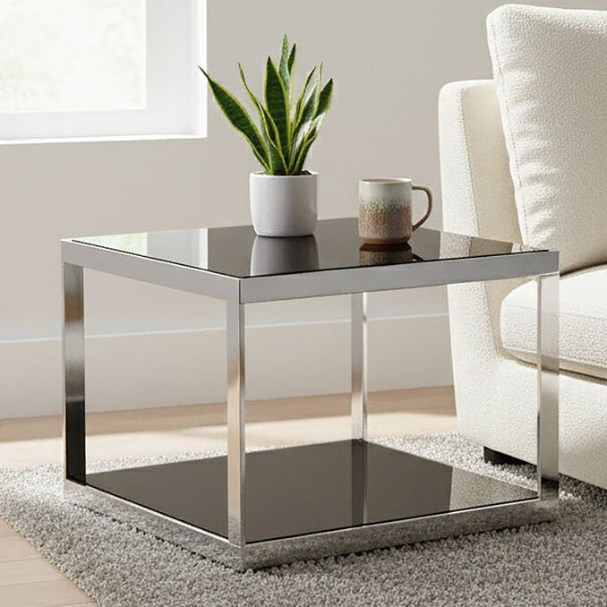 Black Tempered Glass Shelves Coffee Table with Silver Square Stainless Steel Frame | Ackley
