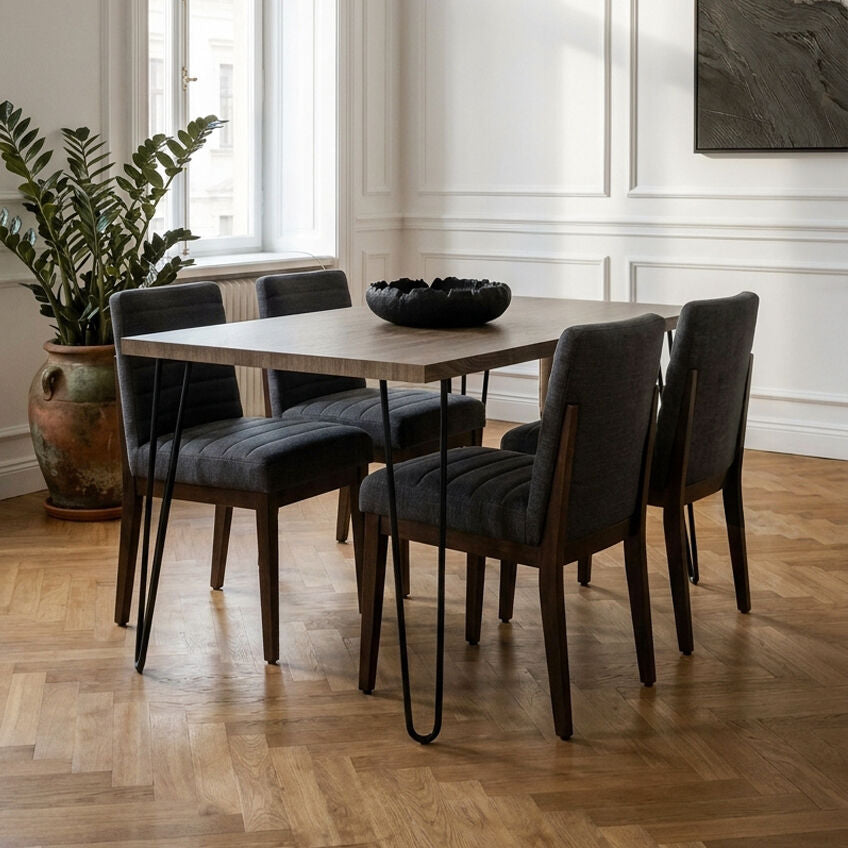 Natural Nordic Wood Effect Veneer Top Dining Table with Black Metal Hairpin Legs | Borough