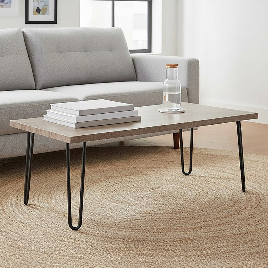 Natural Wood Effect Veneer Coffee Table with Black Metal Hairpin Legs | Borough