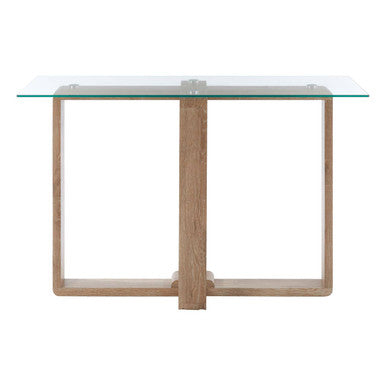 Clear Tempered Glass Top Console Table with Natural Wood Effect Legs | Barton