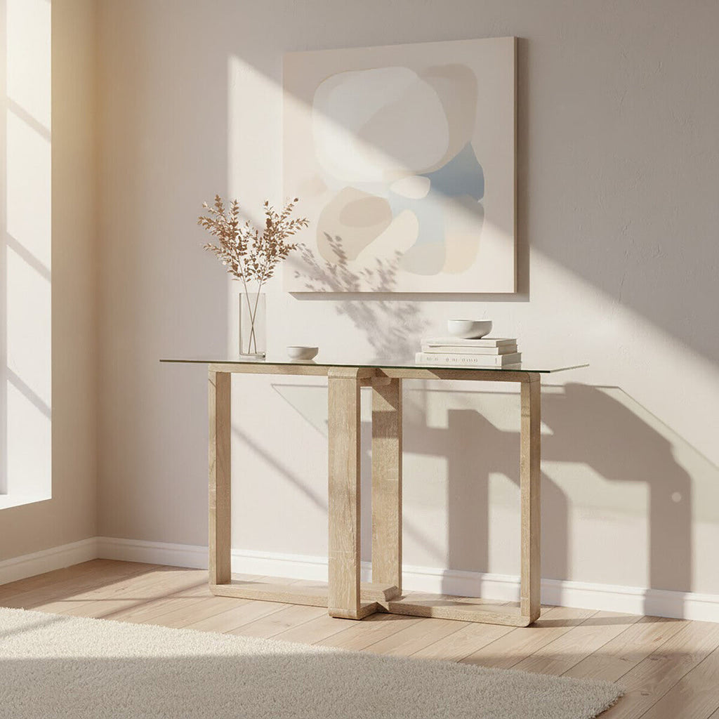 Clear Tempered Glass Top Console Table with Natural Wood Effect Legs | Barton