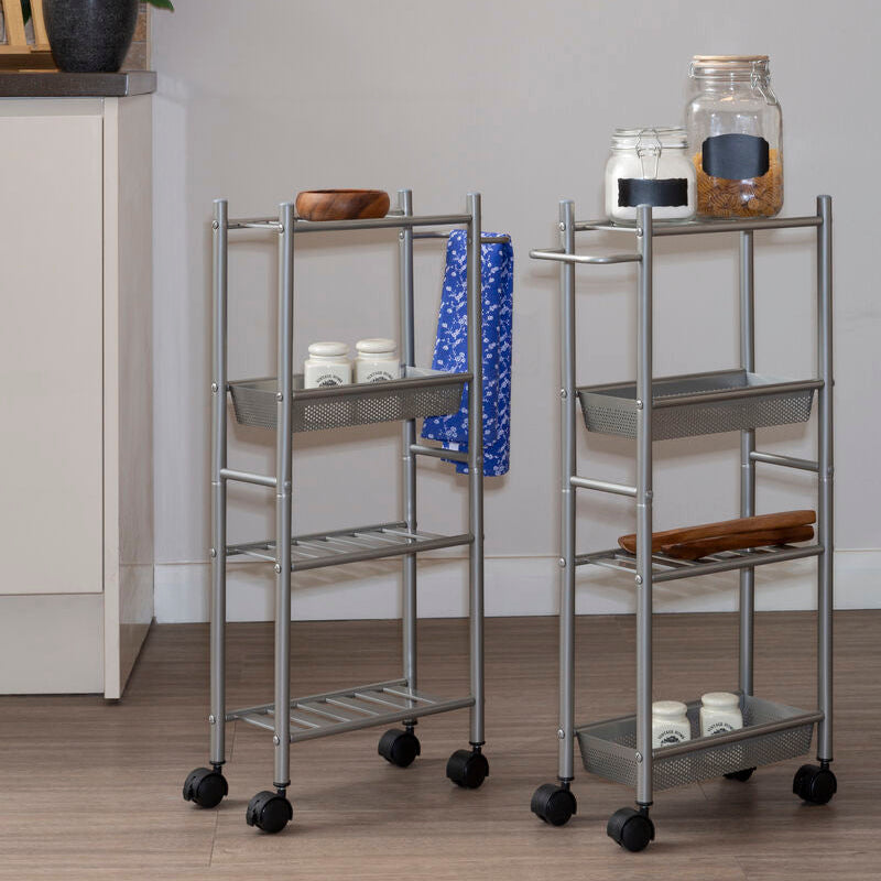 4 Tier Silver Metal Trolley with Basket | Dara