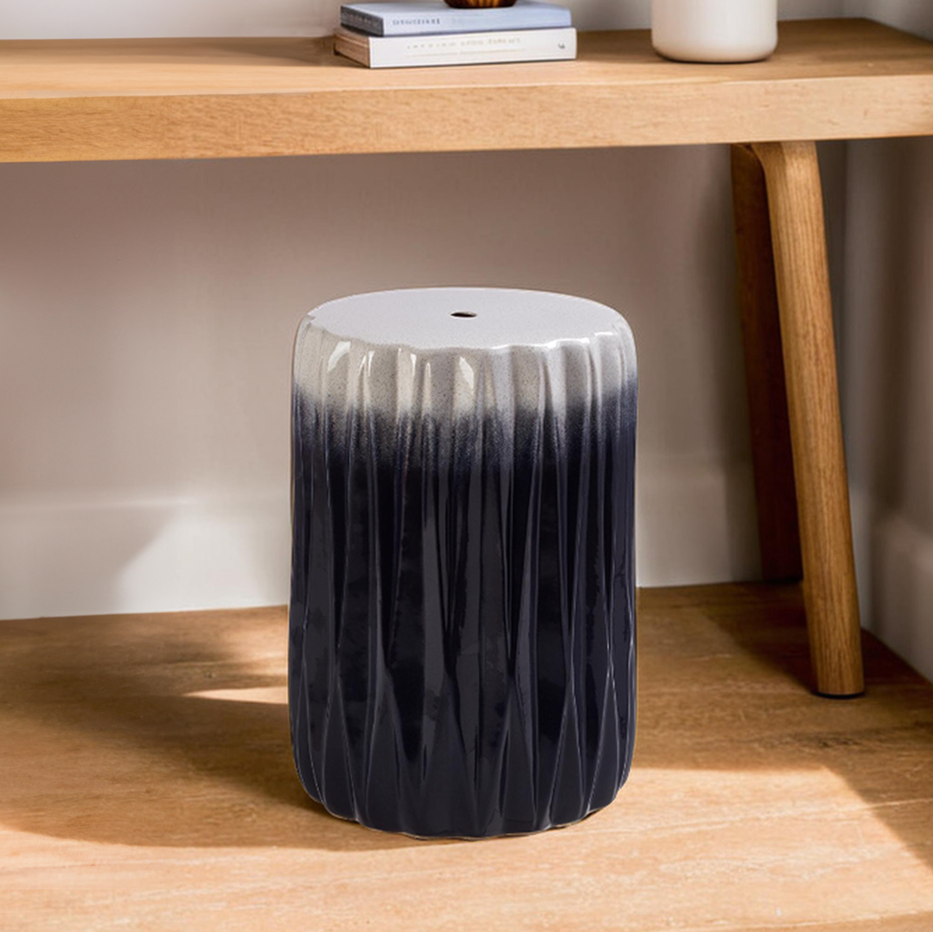 Ombre Blue and White Ceramic Side Table and Stool with Fluted Texture | Azul