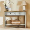 Natural Wooden Top and Grey Wooden Frame Console Table with 2 Drawers and Metal Ring Handles | Henley