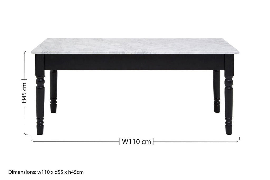 White and Grey Veining Marble Top Coffee Table with Black Carved Wooden Legs | Henley