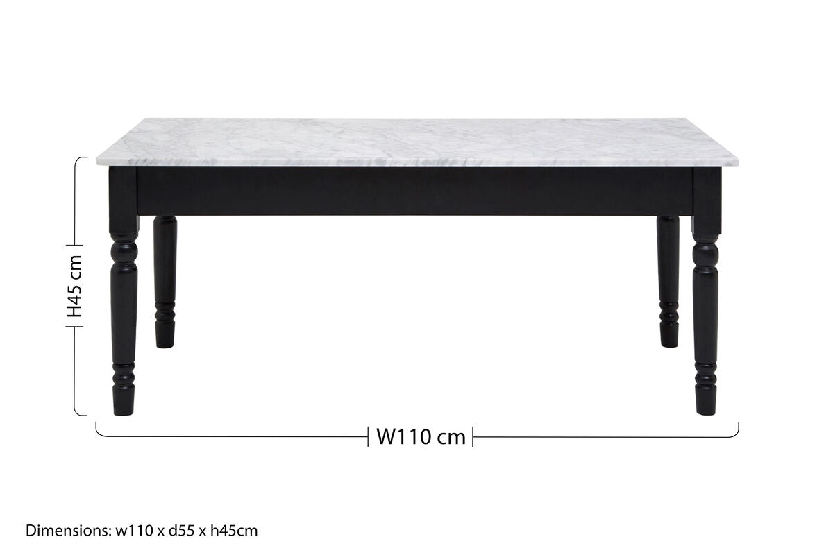 White and Grey Veining Marble Top Coffee Table with Black Carved Wooden Legs | Henley