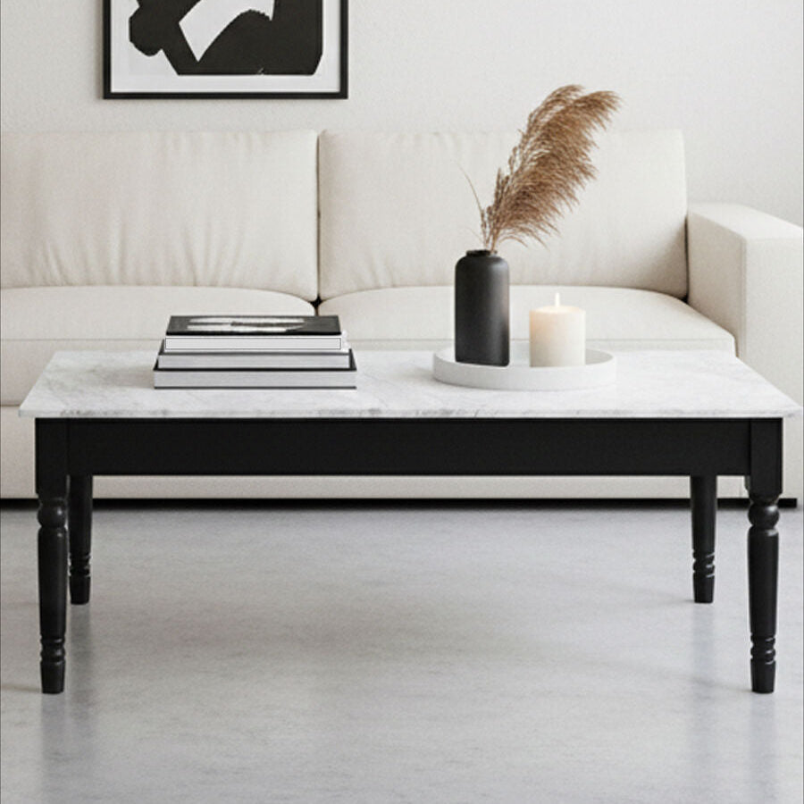 White and Grey Veining Marble Top Coffee Table with Black Carved Wooden Legs | Henley