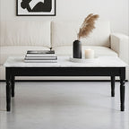 White and Grey Veining Marble Top Coffee Table with Black Carved Wooden Legs | Henley