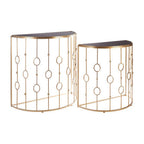 Set of 2 Art Deco Black Glass Tops Console Tables with Gold Slim Vertical Lines Frame | Faiza
