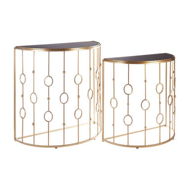 Set of 2 Art Deco Black Glass Tops Console Tables with Gold Slim Vertical Lines Frame | Faiza