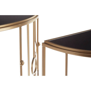 Set of 2 Art Deco Black Glass Tops Console Tables with Gold Slim Vertical Lines Frame | Faiza