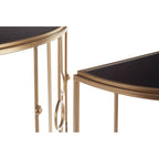 Set of 2 Art Deco Black Glass Tops Console Tables with Gold Slim Vertical Lines Frame | Faiza