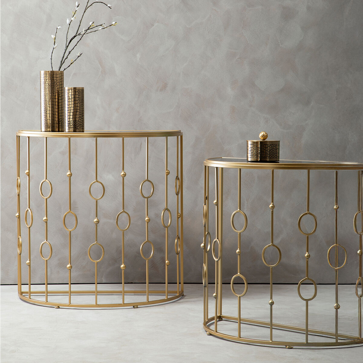 Set of 2 Art Deco Black Glass Tops Console Tables with Gold Slim Vertical Lines Frame | Faiza