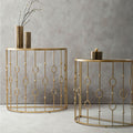 Set of 2 Art Deco Black Glass Tops Console Tables with Gold Slim Vertical Lines Frame | Faiza
