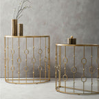 Set of 2 Art Deco Black Glass Tops Console Tables with Gold Slim Vertical Lines Frame | Faiza
