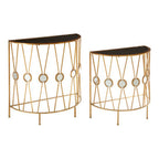 Set of 2 Black Glass Tops Console Tables with Gold Finish Cross Frame | Faiza