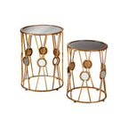 Set of 2 Black Glass Top and Gold Cross Design Rounded Side Tables with Mirror Detail | Faiza
