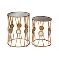 Set of 2 Black Glass Top and Gold Cross Design Rounded Side Tables with Mirror Detail | Faiza