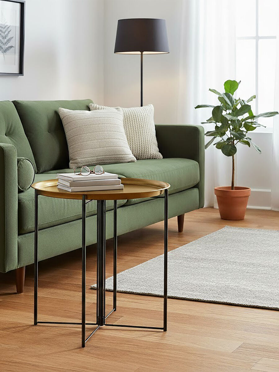 Large Brass Finish Tray Top and Black Metal Base Side Table | Hege