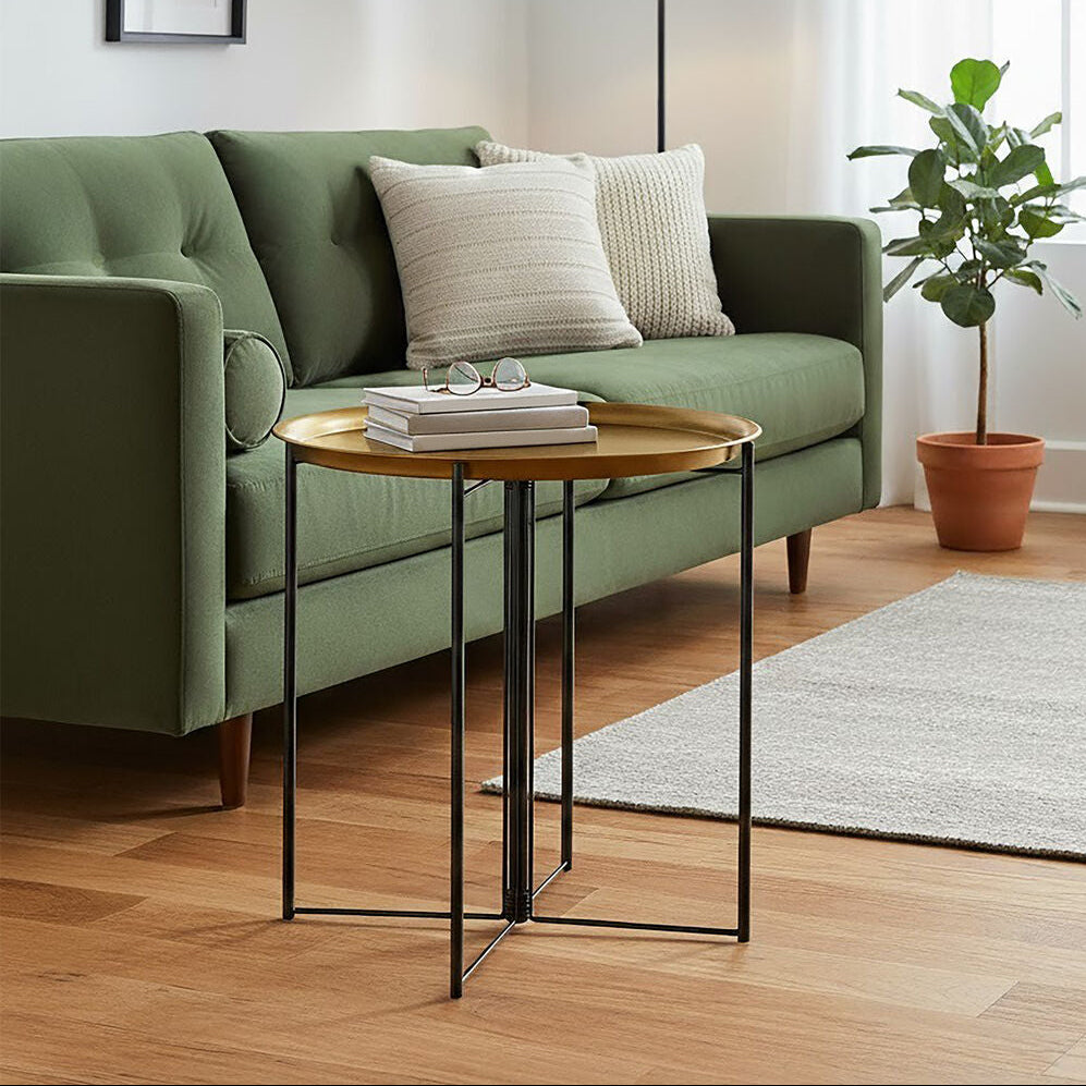 Large Brass Finish Tray Top and Black Metal Base Side Table | Hege