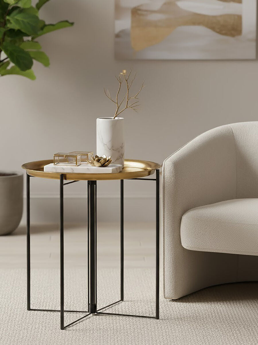 Large Brass Finish Tray Top and Black Metal Base Side Table | Hege