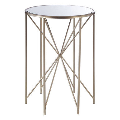 Round Mirrored Side Table with Champagne Geometric Base | Arcana