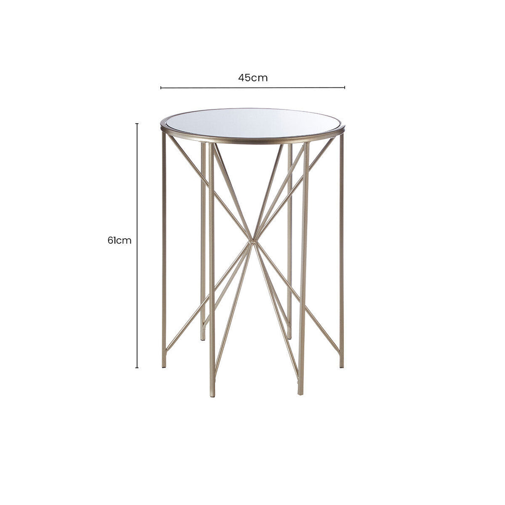 Round Mirrored Side Table with Champagne Geometric Base | Arcana