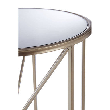Round Mirrored Side Table with Champagne Geometric Base | Arcana