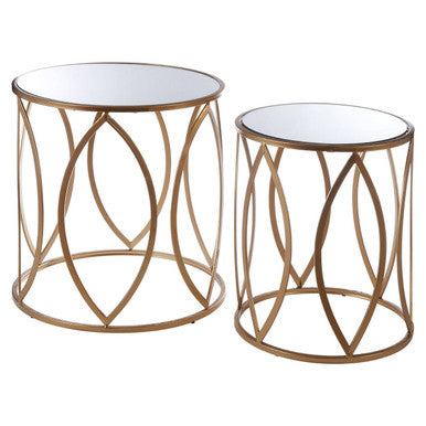 Set of 2 Gold Finish Metal Frame and Mirrored Top Side Tables | Arcana