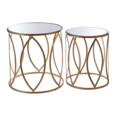Set of 2 Gold Finish Metal Frame and Mirrored Top Side Tables | Arcana