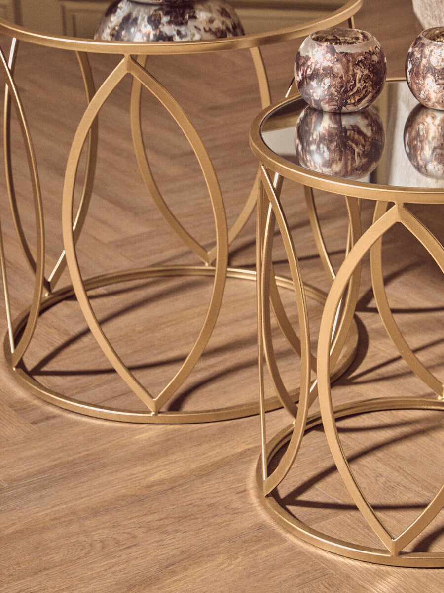 Set of 2 Gold Finish Metal Frame and Mirrored Top Side Tables | Arcana