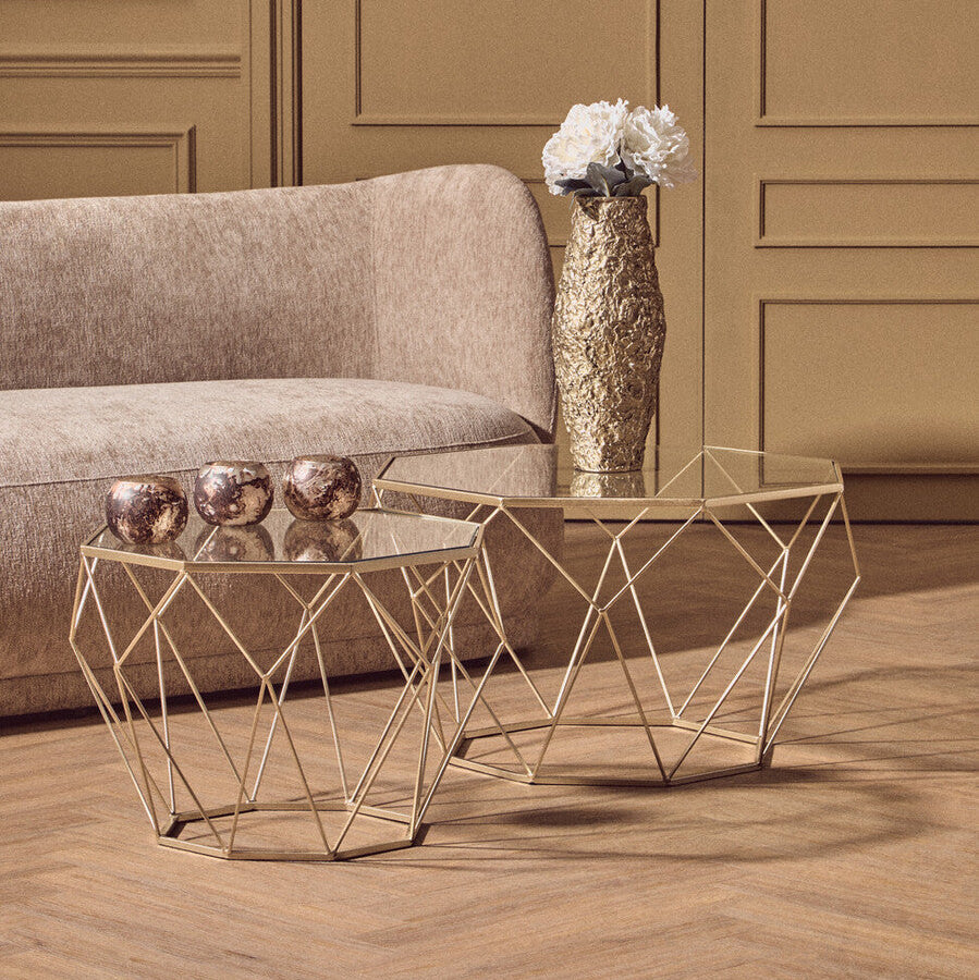 Set of 2 Gold Finish Geometric Design Side Tables with Tempered Glass Top | Arcana