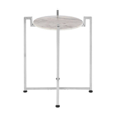 White Marble Top Side Table with Angular Chrome Metal Frame | Cibal