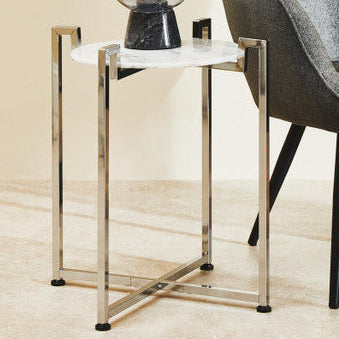 White Marble Top Side Table with Angular Chrome Metal Frame | Cibal