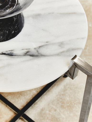 White Marble Top Side Table with Angular Chrome Metal Frame | Cibal