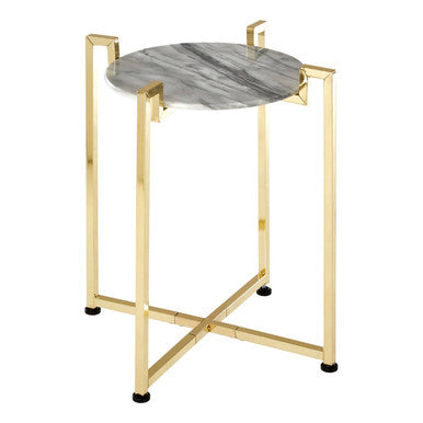 White Marble Top Side Table with Angular Gold Finish Metal Frame | Cibal