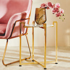 White Marble Top Side Table with Angular Gold Finish Metal Frame | Cibal