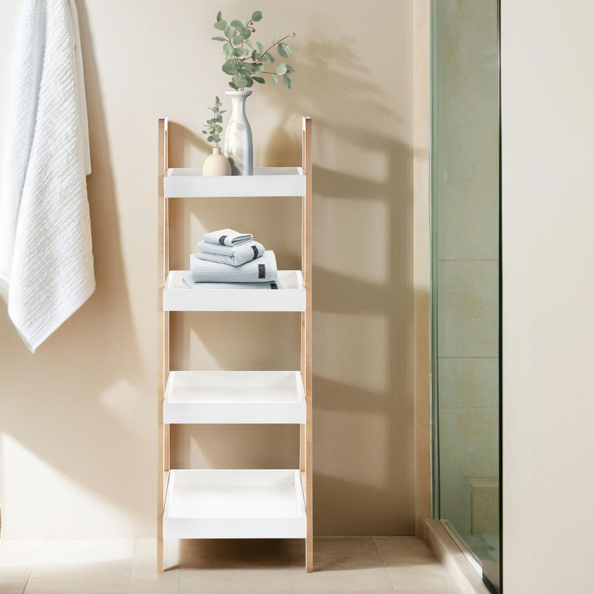 Four Tier Birch Wood Bathroom Shelf Unit | ARLA