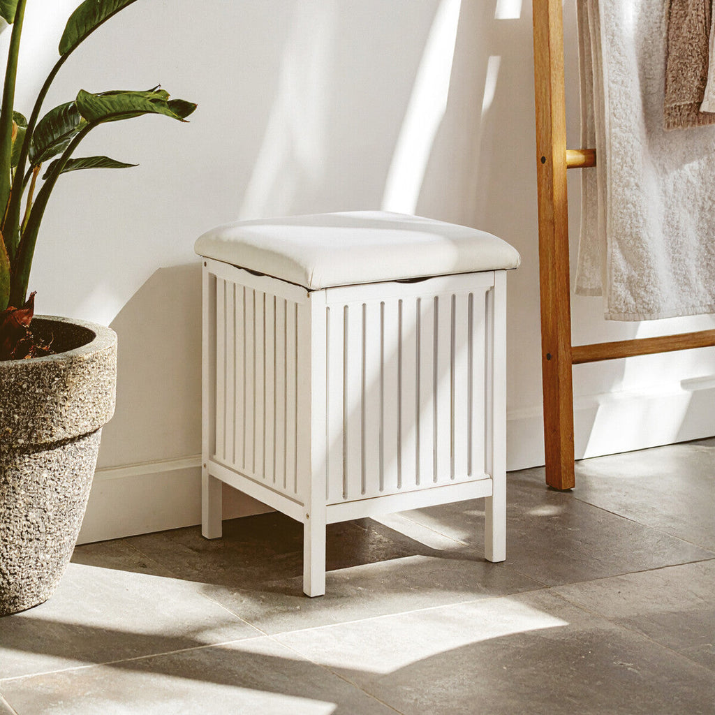 White Bathroom Storage Stool with Padded Seat | Salon