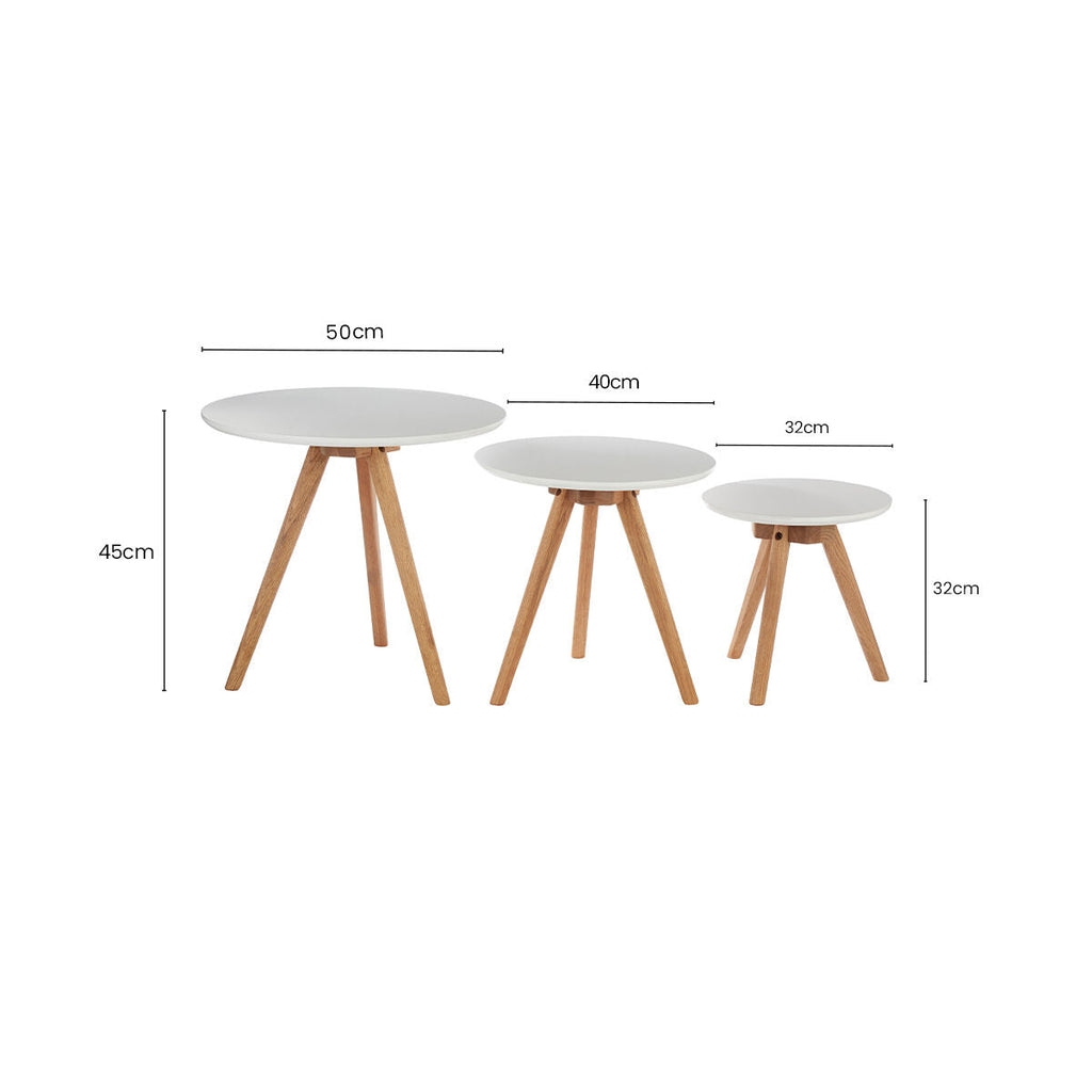 Set of 3 White MDF Top Side Tables with Natural Tapered Legs, Nostra