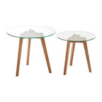 Set of 2 Clear Glass Top Side Tables with Oak Wood Base | Nostra