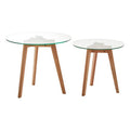 Set of 2 Clear Glass Top Side Tables with Oak Wood Base | Nostra
