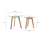 Set of 2 Clear Glass Top Side Tables with Oak Wood Base | Nostra