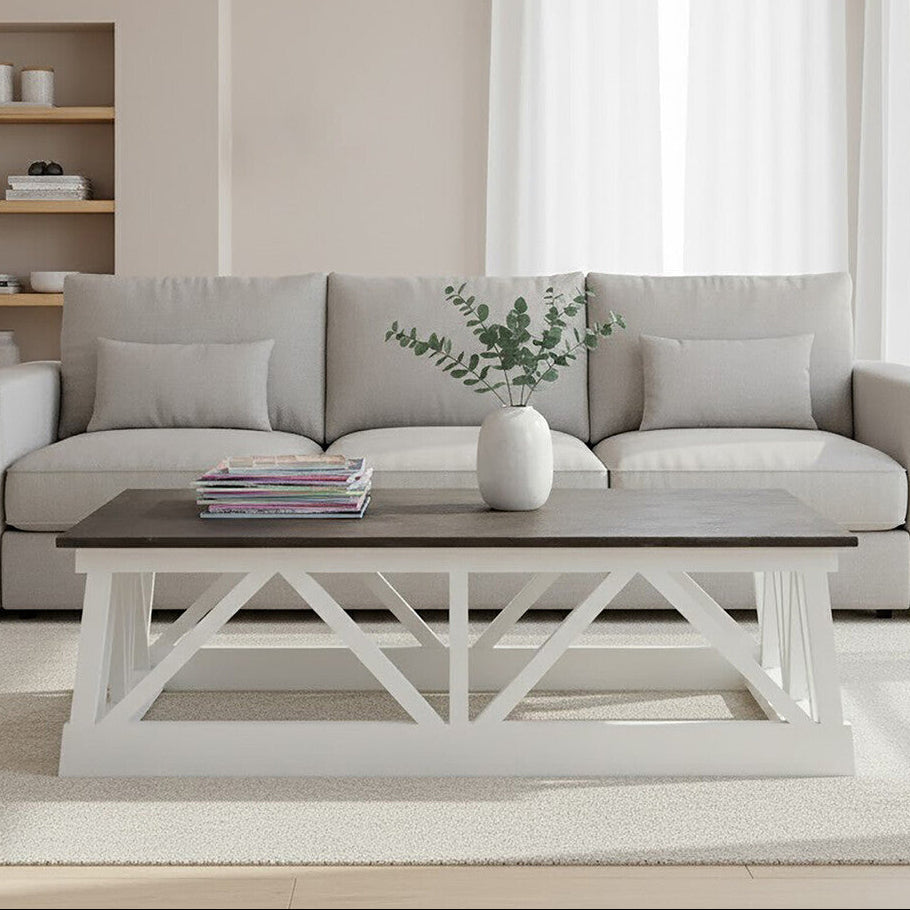 Stone Top Rectangular Coffee Table with White Alder Wood Base | Monas