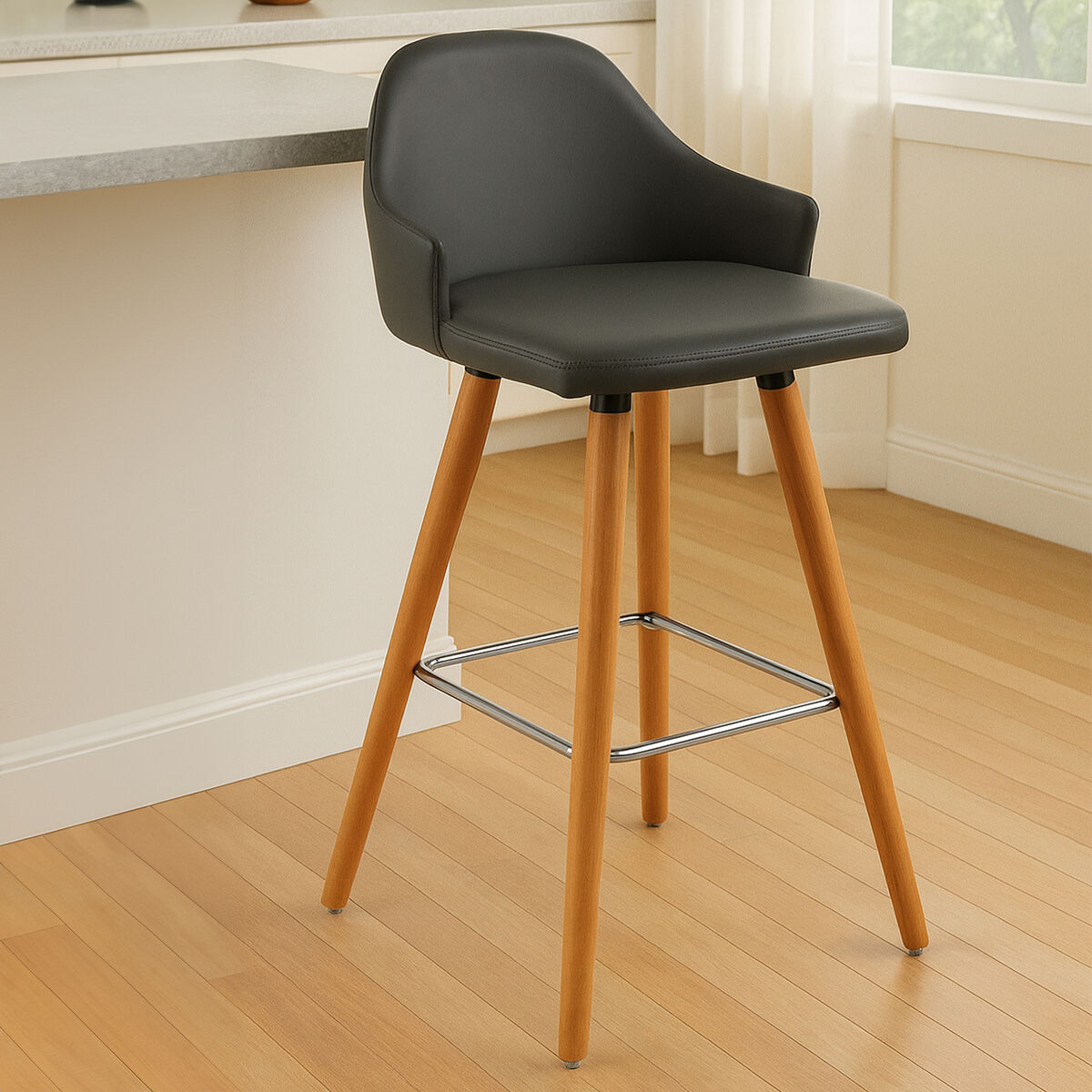 Grey Faux Leather Bar Stool with Beechwood Legs | Stockholm